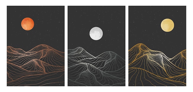 Stampa artistica minimalista creativa e moderna sul set sfondi estetici contemporanei di montagna astratta paesaggi con illustrazioni vettoriali d'onda dello skyline del mare della luna della montagna