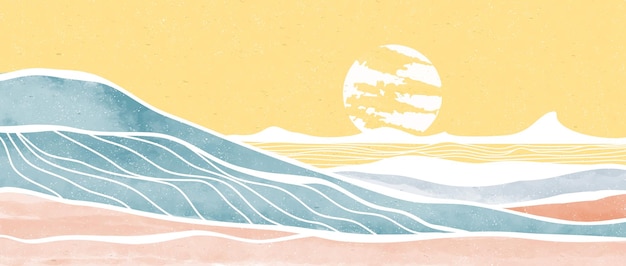 크리에이 티브 미니멀리스트 현대 페인트 및 라인 아트 인쇄 추상 바다 파도와 산 현대 미적 배경 바다 스카이 라인 파도 벡터 일러스트와 함께 풍경