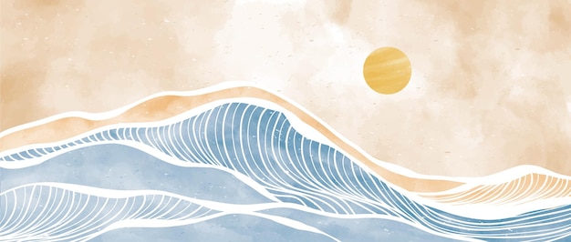 ベクトル クリエイティブなミニマリストのモダンなペイントとラインアートプリント抽象的な海の波現代的な美的背景風景と海のスカイライン波ベクトルイラスト