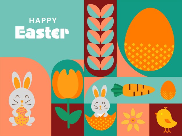 Креативный минималистический образ пасхального плаката и баннера с пасхальными яйцами и векторной иллюстрацией кролика