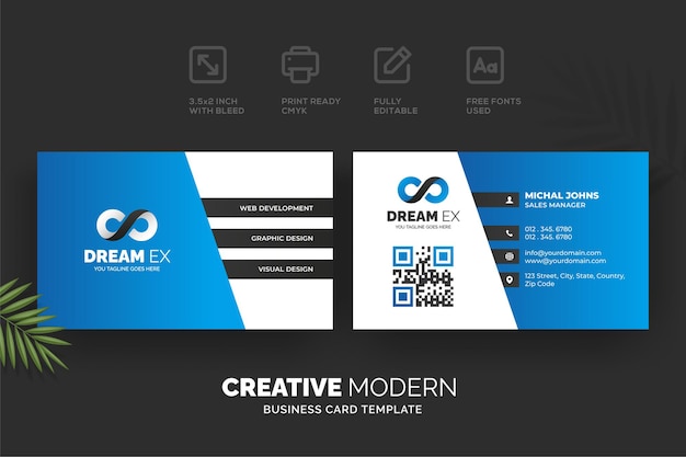 青と黒の詳細を持つ創造的なモダンな名刺テンプレート