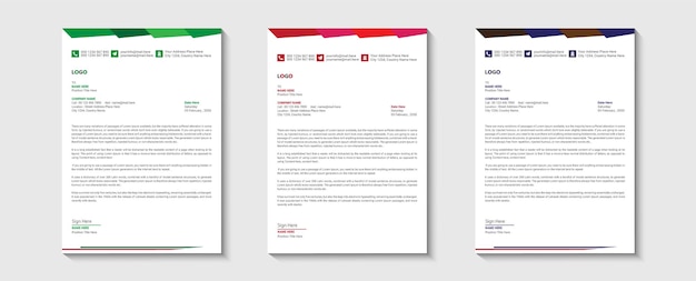 Creative modern letterhead design template set three color free vector