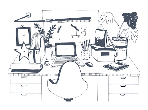 Creative modern workplace with laptop, hand drawn illustration, sketch style.