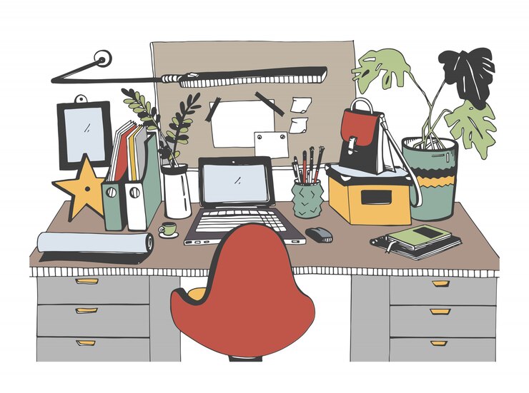 Vector creative modern workplace with laptop, hand drawn   illustration, sketch style.