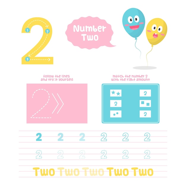 Vector creative number two worksheet with balloons