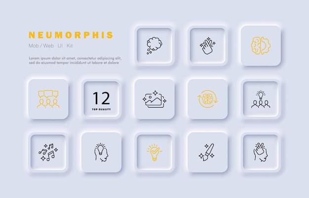 Creative occupation set icon Thinking idea brain gear snap of fingers light bulb photo shining stars brush head artist Creativity concept Neomorphism style Vector line icon for Business