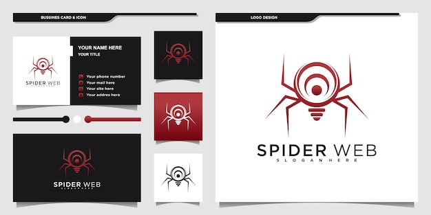 독특한 전구 모양과 명함 프리미엄 벡터가 있는 거미 로고 디자인의 크리에이티브