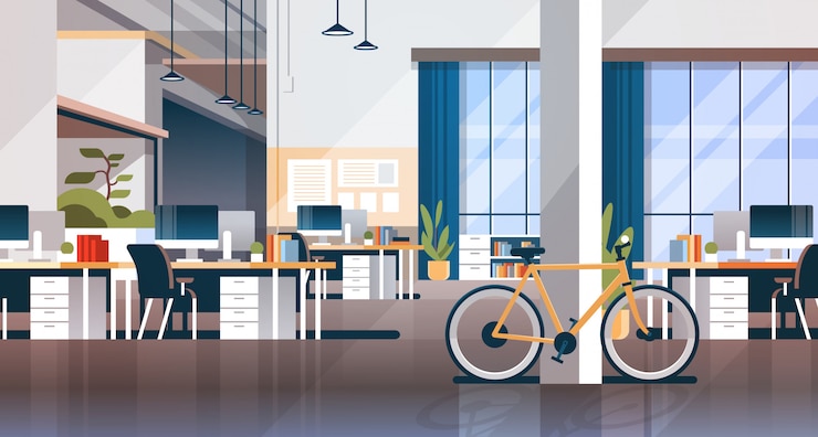 Vector creative office coworking center room interior modern workplace desk horizontal flat