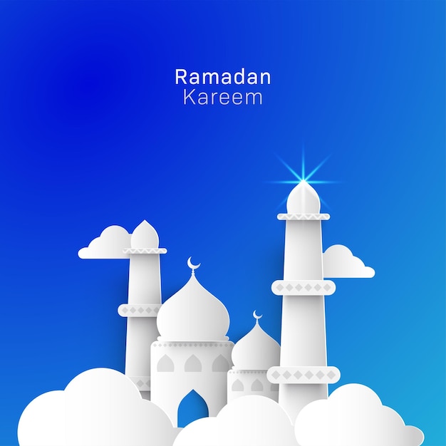 Creative Paper Mosque behind clouds on blue background for Ramadan Kareem Celebration Concept