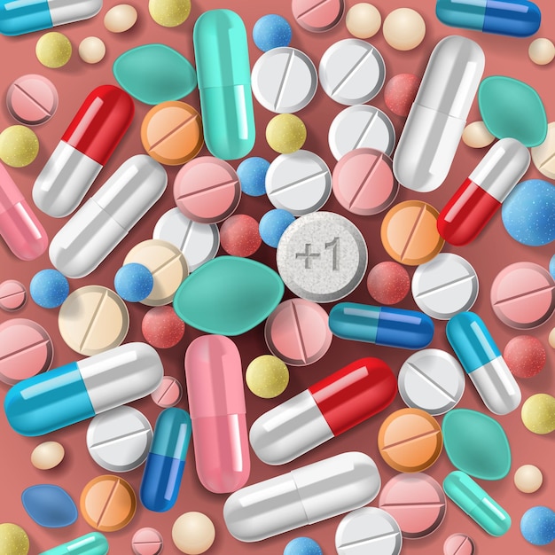 Vector creative pattern of colorful pills and capsules minimal medical concept pharmaceutical flat lay top