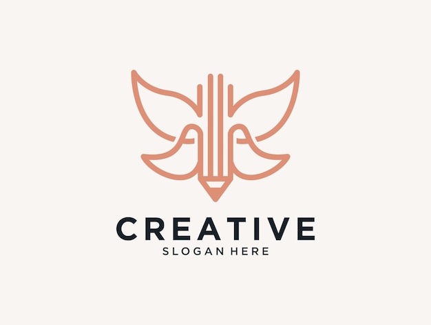 Creative pencil with butterfly line art logo design