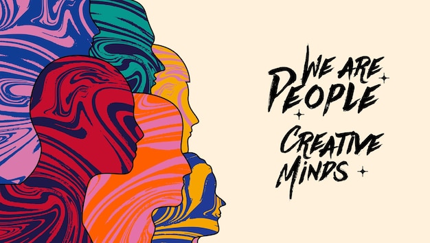 Creative people banner or poster design template with bright colored human heads silhouettes with liquid textures. vector illustration