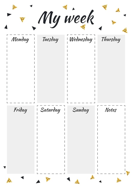 Вектор Креативный планировщик my week с черным и золотым блестящим треугольником