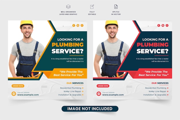 Vector creative plumbing business promotional web banner design for social media marketing handyman service commercial poster design with yellow and red colors plumbing service social media post vector