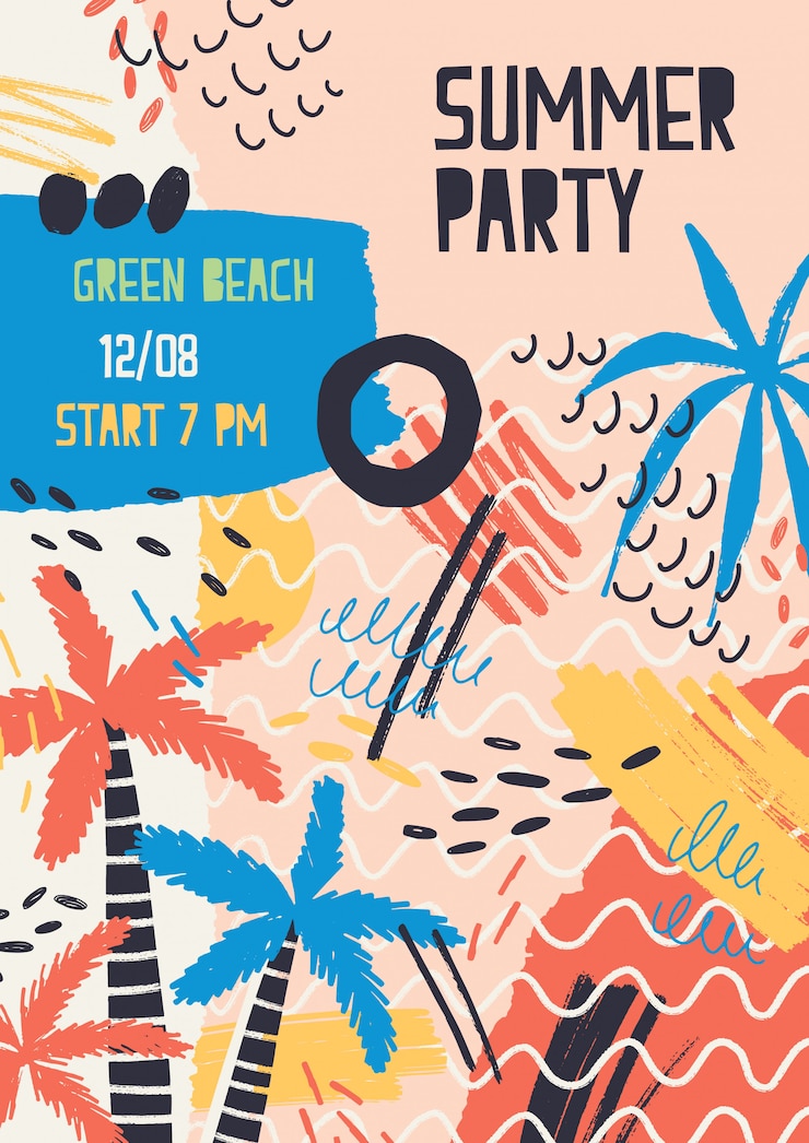 Vector creative poster template decorated by jungle palm trees, stains and scribble for summer beach party or open air festival.