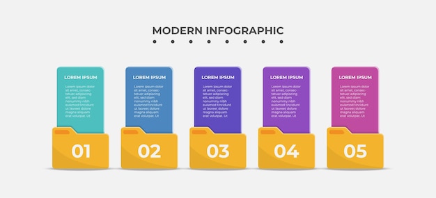 Creative presentation label design for infographics Vertical option banner with folder in 5 steps