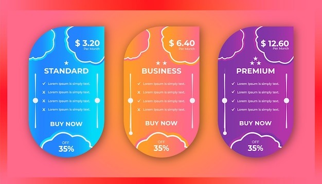 Creative pricing table set or web comparision boxes for plans and pricing