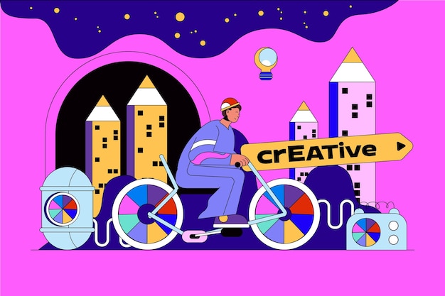 Concetto web di processo creativo con scena del personaggio il brainstorming dell'uomo genera idee e crea contenuti artistici alla moda situazione delle persone nel design piatto illustrazione vettoriale per materiale di marketing