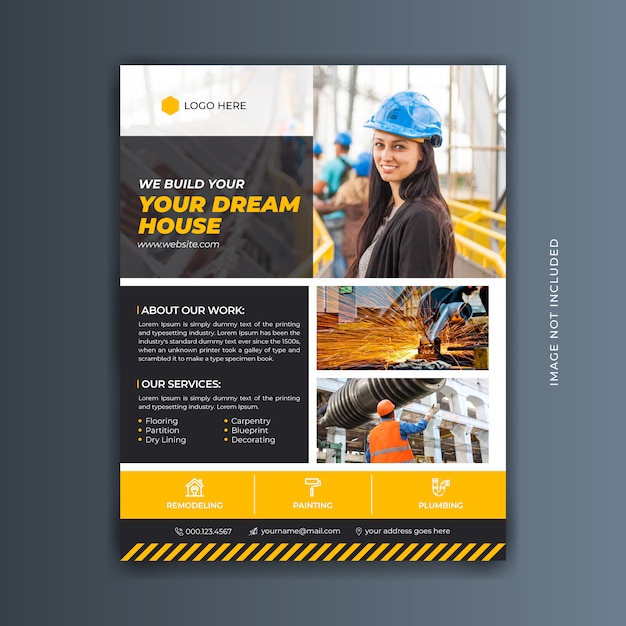 Vector creative professional yellow and black construction flyer template