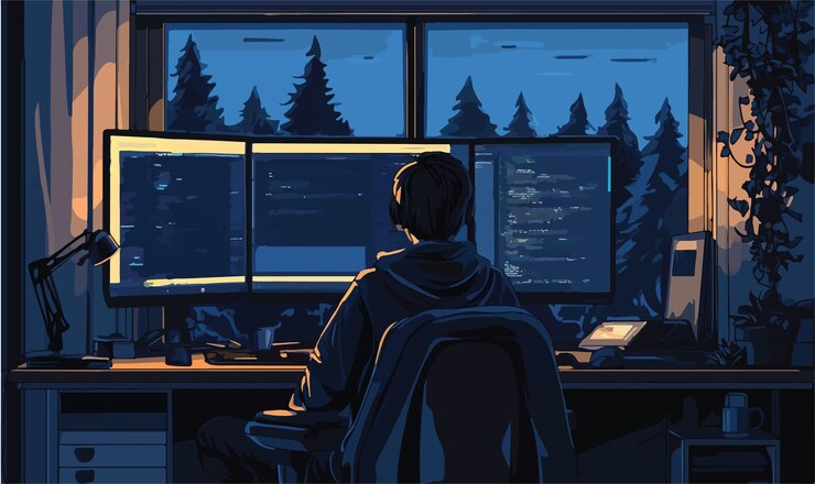 Vector creative programmer typing at a dual monitor setup