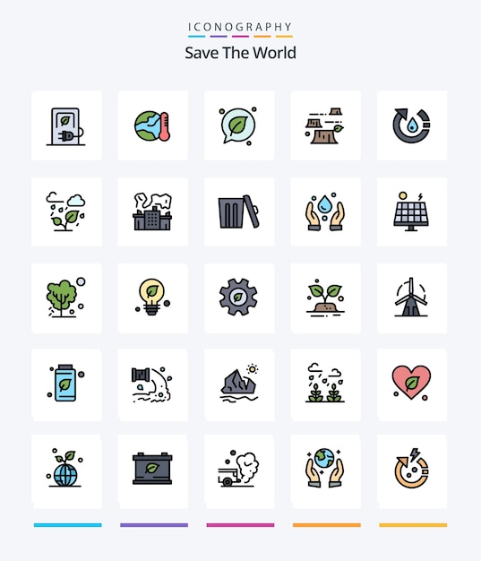 Vector creative save the world 25 line filled icon pack zoals milieu ontbossing hete schade blad