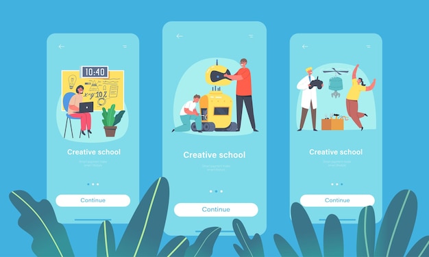 Modello di schermo integrato della pagina dell'app mobile creative school. bambini che programmano e creano robot in classe. ingegneria per bambini, i bambini imparano il concetto di scienza. cartoon persone illustrazione vettoriale