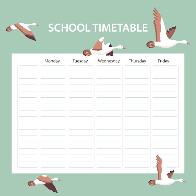Vector creative school schedule card with birds