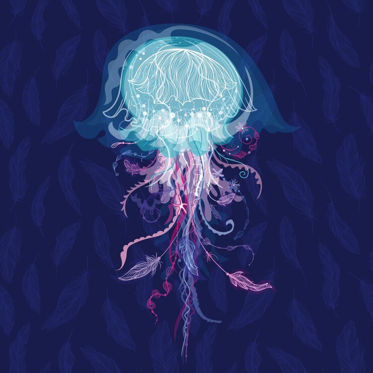 Vector creative sealife card with ornamental medusa with tribal elements feathers and flowers on blue background