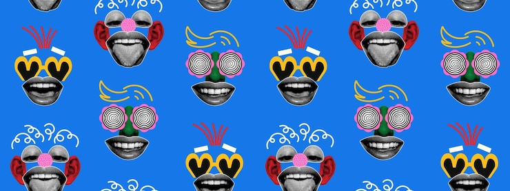 Vector creative seamless pattern with funny faces in retro collage style