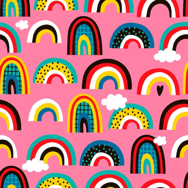 Vector creative seamless pattern with hand drawn rainbows.