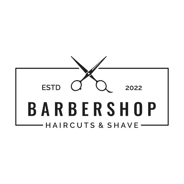 Modello di forbici da salone di taglio di capelli classico creativo e semplice logo design isolato su sfondo bianco e neroper la bellezza del salone di barbiere aziendale