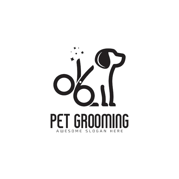 線形スタイルのモダンなベクトルで犬のロゴデザインペットグルーミングロゴの概念を持つ創造的なシンプルなはさみ