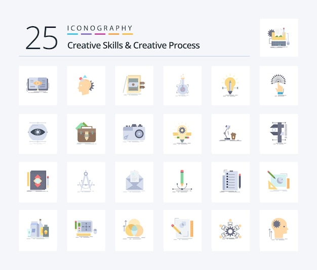 クリエイティブ スキルとクリエイティブ プロセス 25 フラット カラー アイコン パック (フラスコ研究アイデア ファイルの販売を含む)