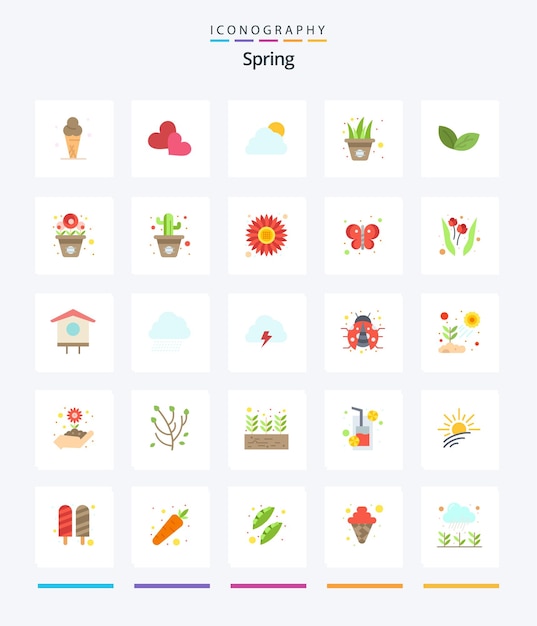 Creative Spring 25 Плоский набор значков, таких как горшок с листьями, трава, небо, цветы