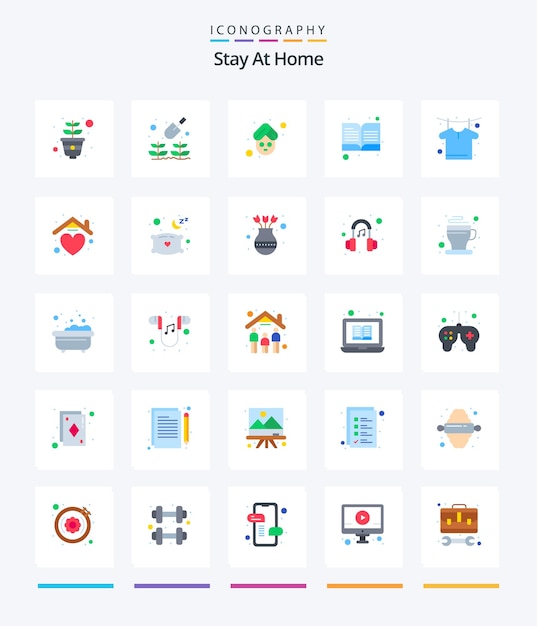 Creative Stay At Home 25 Flat icon pack Such As drying clothing relax open book note book