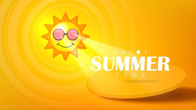 Creative summer background design sun with sunglass beaming of energy on a circular pedestal