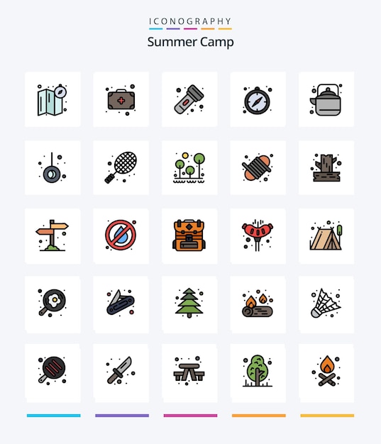 크리에이 티브 여름 캠프 25 주전자 냄비 빛 야외 가이드와 같은 라인 채워진 아이콘 팩