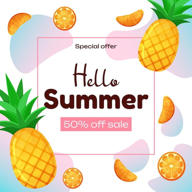 Creative summer sale banner in trendy colors with fruits and discount text template square shape