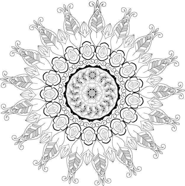 Sole creativo carino clipart fiore in bianco e nero colorazione mandala