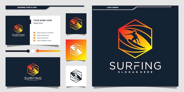 クリエイティブなサーフィンのロゴと名刺のデザインテンプレートプレミアムvekto