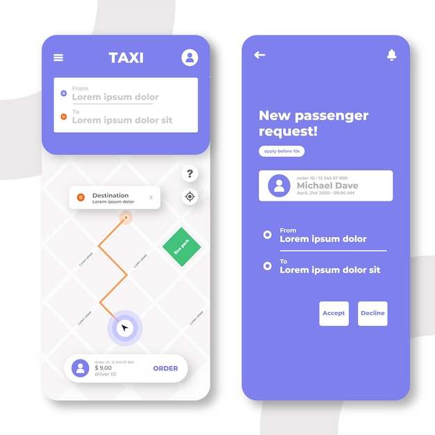 Interfaccia app taxi creativa