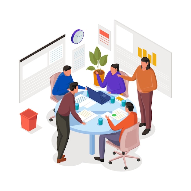 Vector creative team meeting and brainstorming isometric illustration