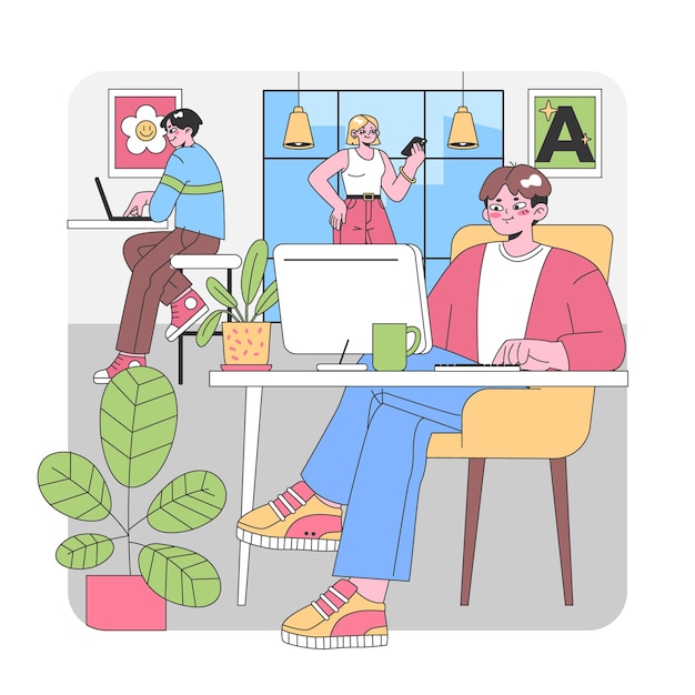 creative team at work in a vibrant office characters engage with tech discuss projects and exhibit a