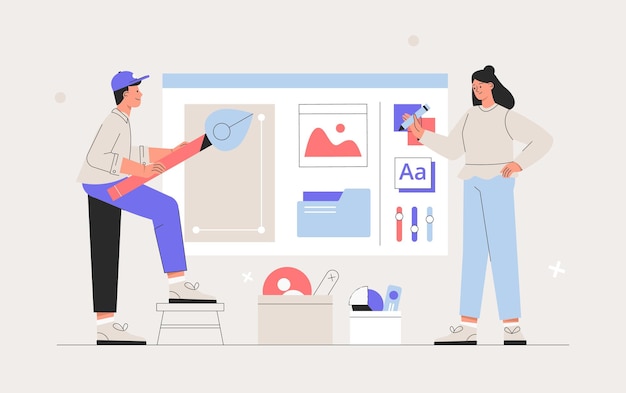 Creative teamwork male and female character designing new products or improving existing ones. business brainstorming, ui ux design concept of creating an application. flat style vector illustration.