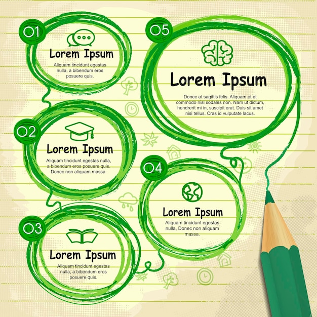 Vettore infografica modello creativo con diagramma di flusso del disegno a matita verde