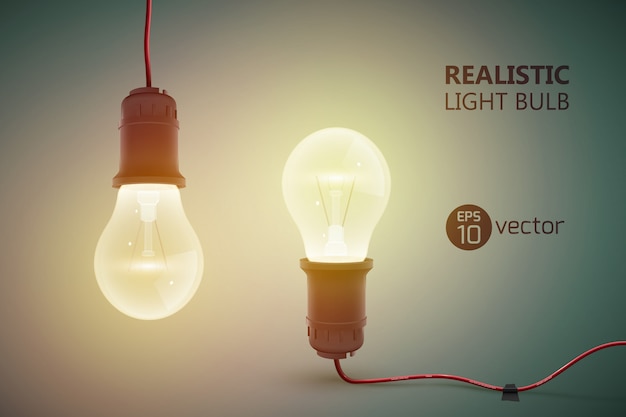 Vector creative template with two realistic tungsten light bulbs on wires opposing one another and shining illustration