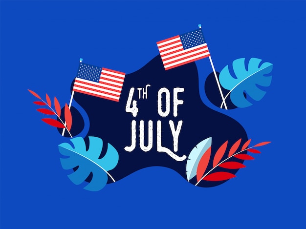 Creative text 4th of july with american flags and colorful leaves