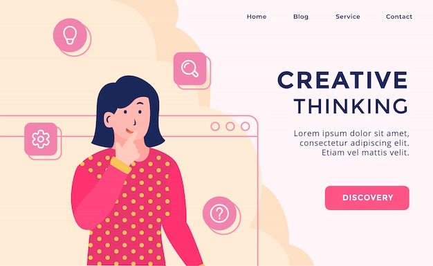 Creative thinking campaign for web website template page landing home homepage with modern flat cartoon style.