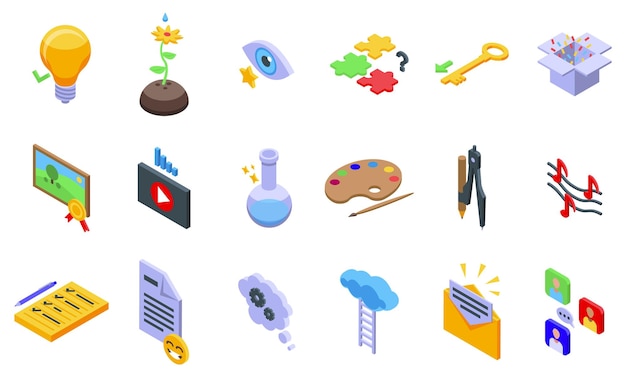 Creative thinking icons set isometric vector logical head