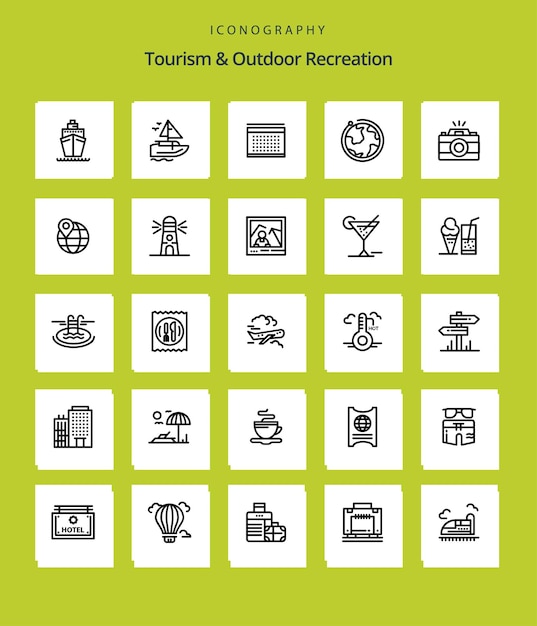 Vector creative tourism and outdoor recreation 25 outline icon pack such as map picture globe photo camera